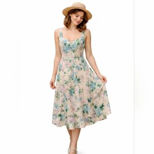 Old Navy M Floral Midi Dress  Linen Blend Cottage Boho Fairy Beachy Vacation